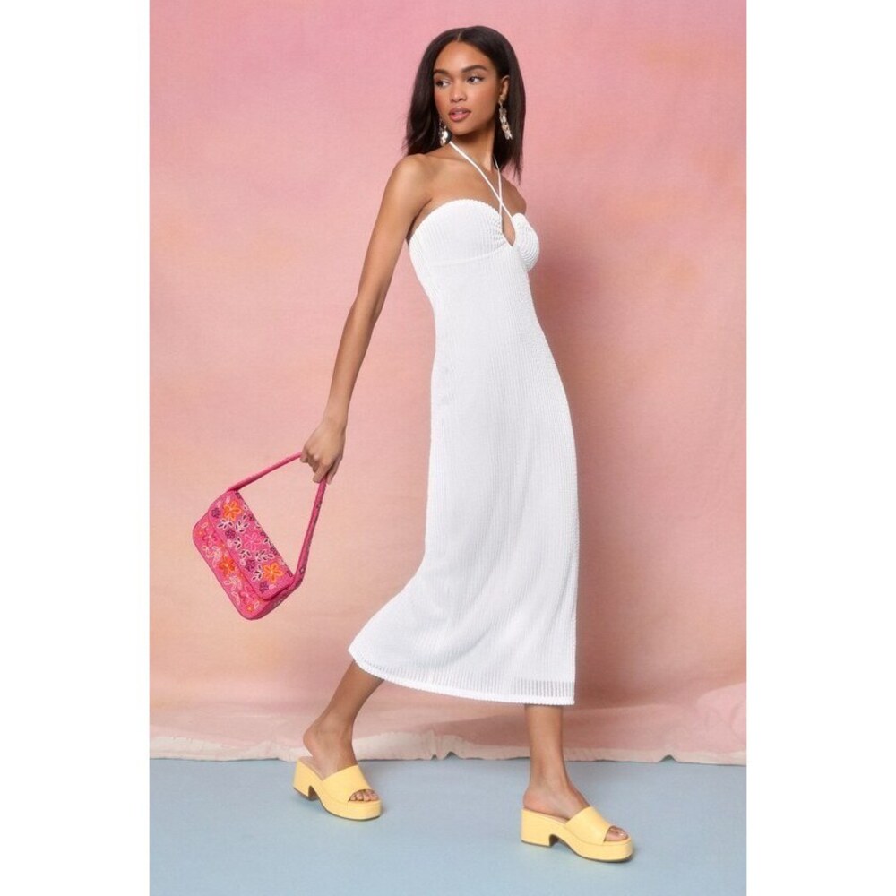 Lulus Flirty Passion White Textured Ribbed Knit Halter Midi Dress - Size S